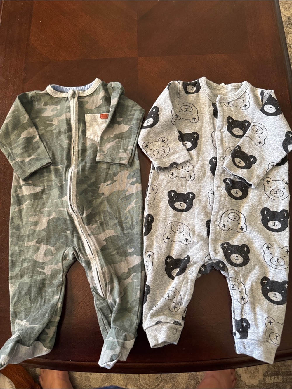 Kids One-Piece Footed Romper in Green Camo and Grey Bear